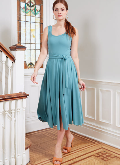 McCall's M8215 sewing pattern envelope showing knit fit and flare dress designs