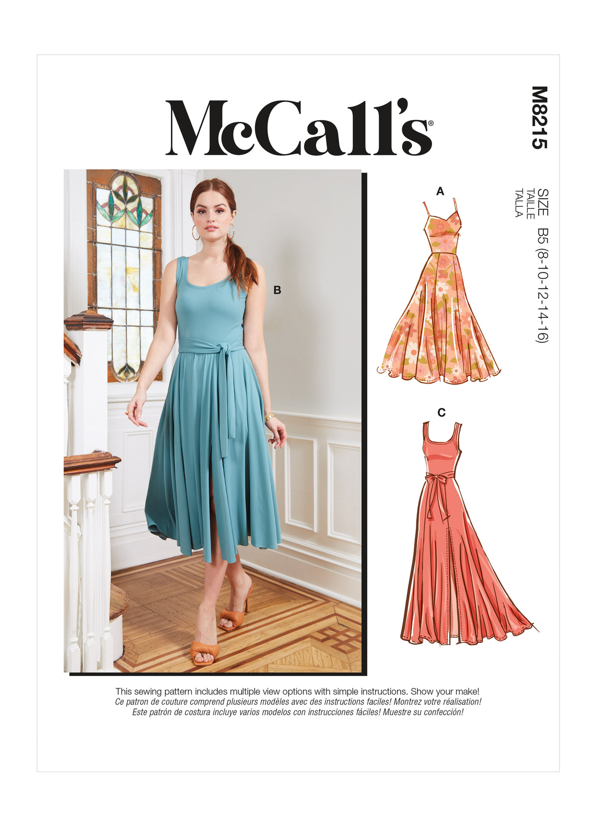 McCall's M8215 sewing pattern envelope showing knit fit and flare dress designs