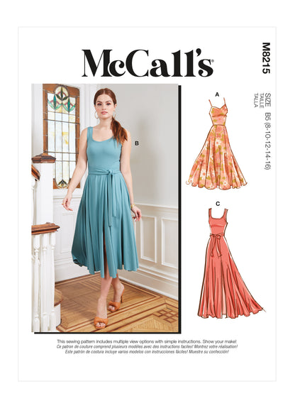 McCall's M8215 sewing pattern envelope showing knit fit and flare dress designs