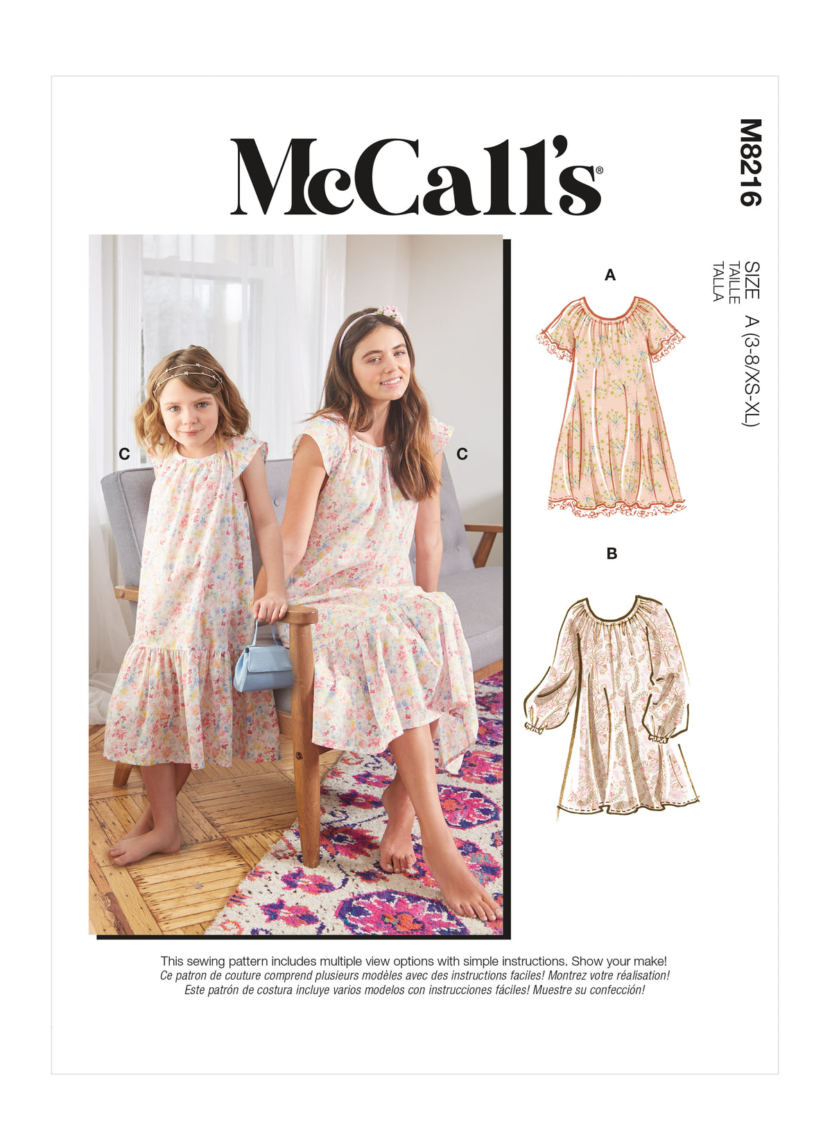 McCall's M8216 sewing pattern envelope showing gathered neckline dress designs