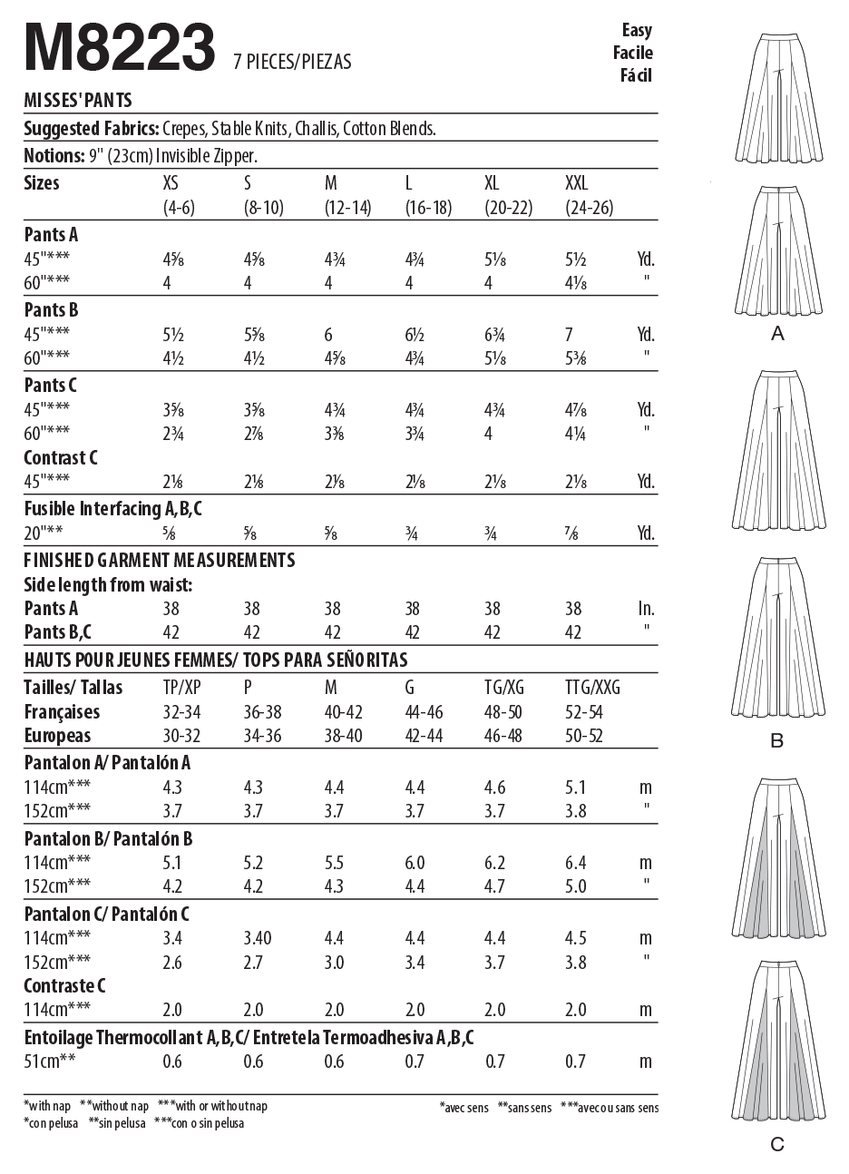 McCall's M8223 sewing pattern envelope showing wide leg palazzo trousers designs