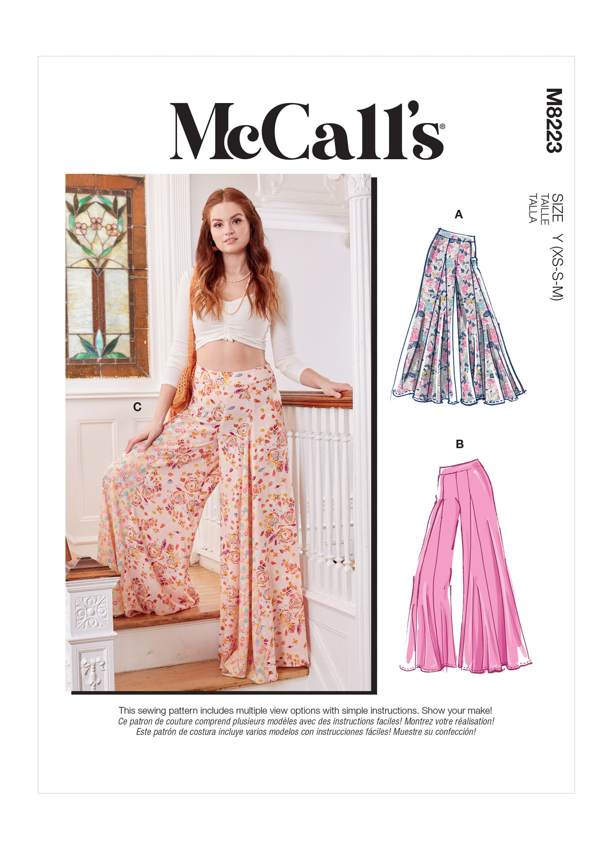 McCall's M8223 sewing pattern envelope showing wide leg palazzo trousers designs