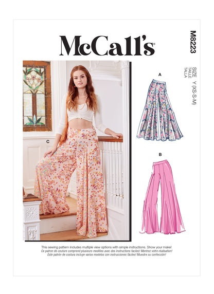 McCall's M8223 sewing pattern envelope showing wide leg palazzo trousers designs
