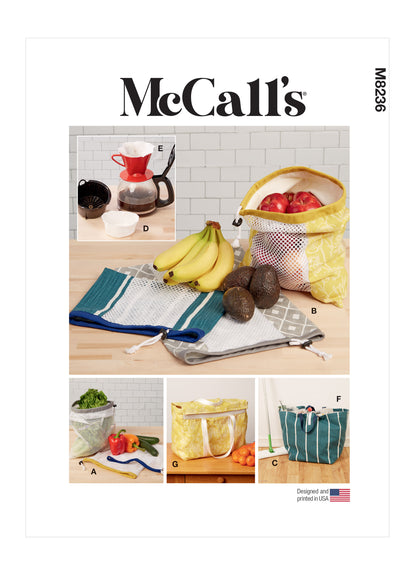 McCall's M8236 sewing pattern envelope showing reusable kitchen and shopping items designs