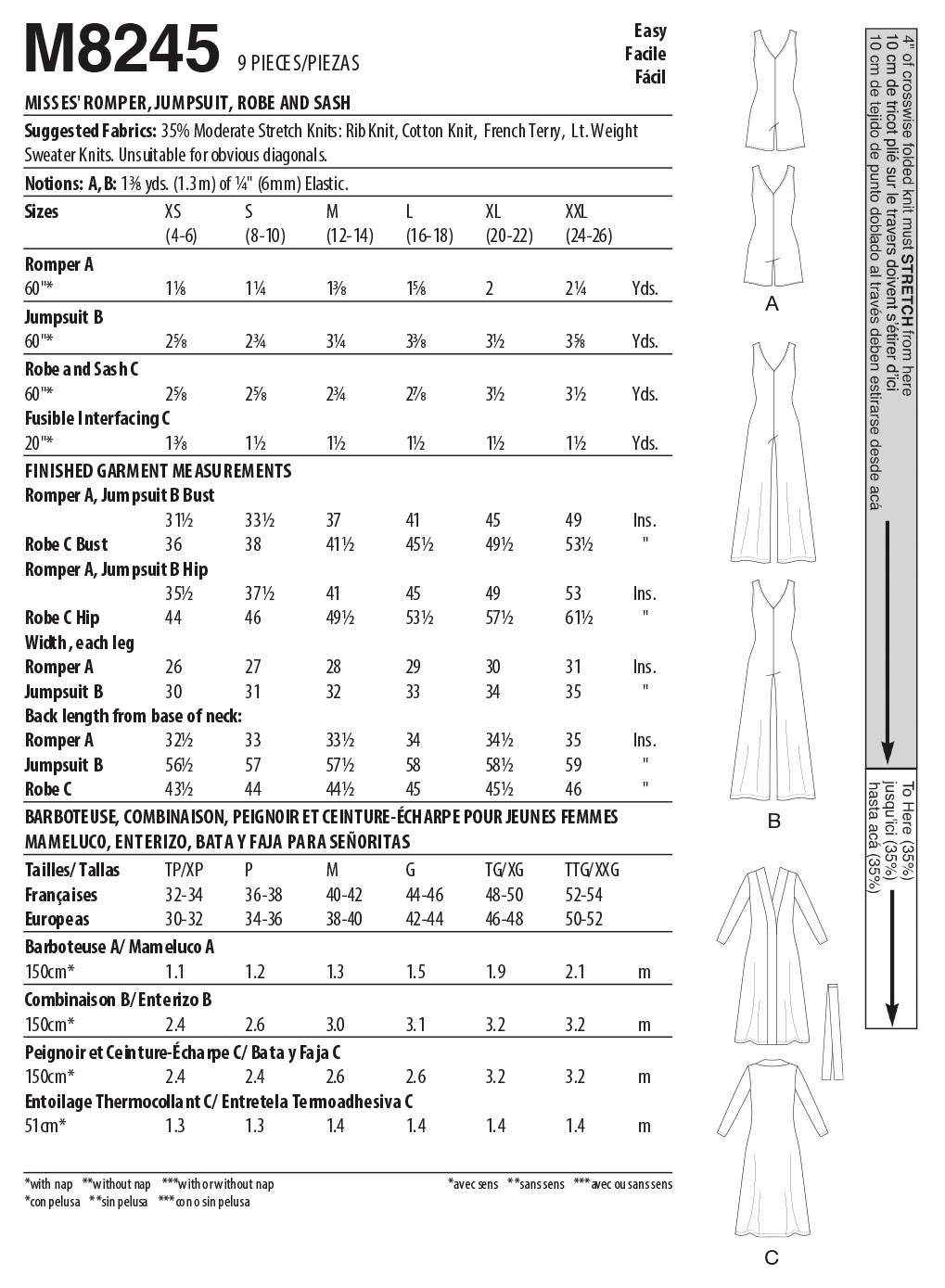 McCall's M8245 sewing pattern envelope showing V-neck romper and jumpsuit designs