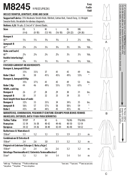 McCall's M8245 sewing pattern envelope showing V-neck romper and jumpsuit designs