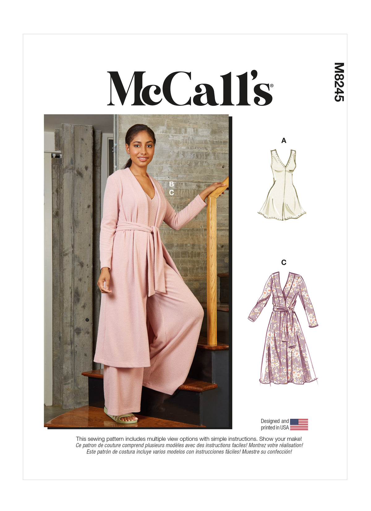 McCall's M8245 sewing pattern envelope showing V-neck romper and jumpsuit designs