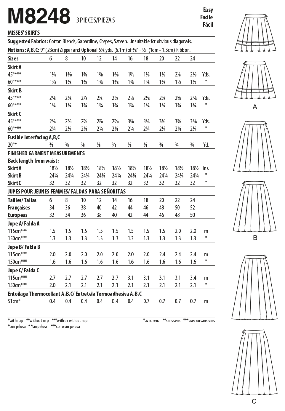 McCall's M8248 sewing pattern envelope showing pleated skirt designs