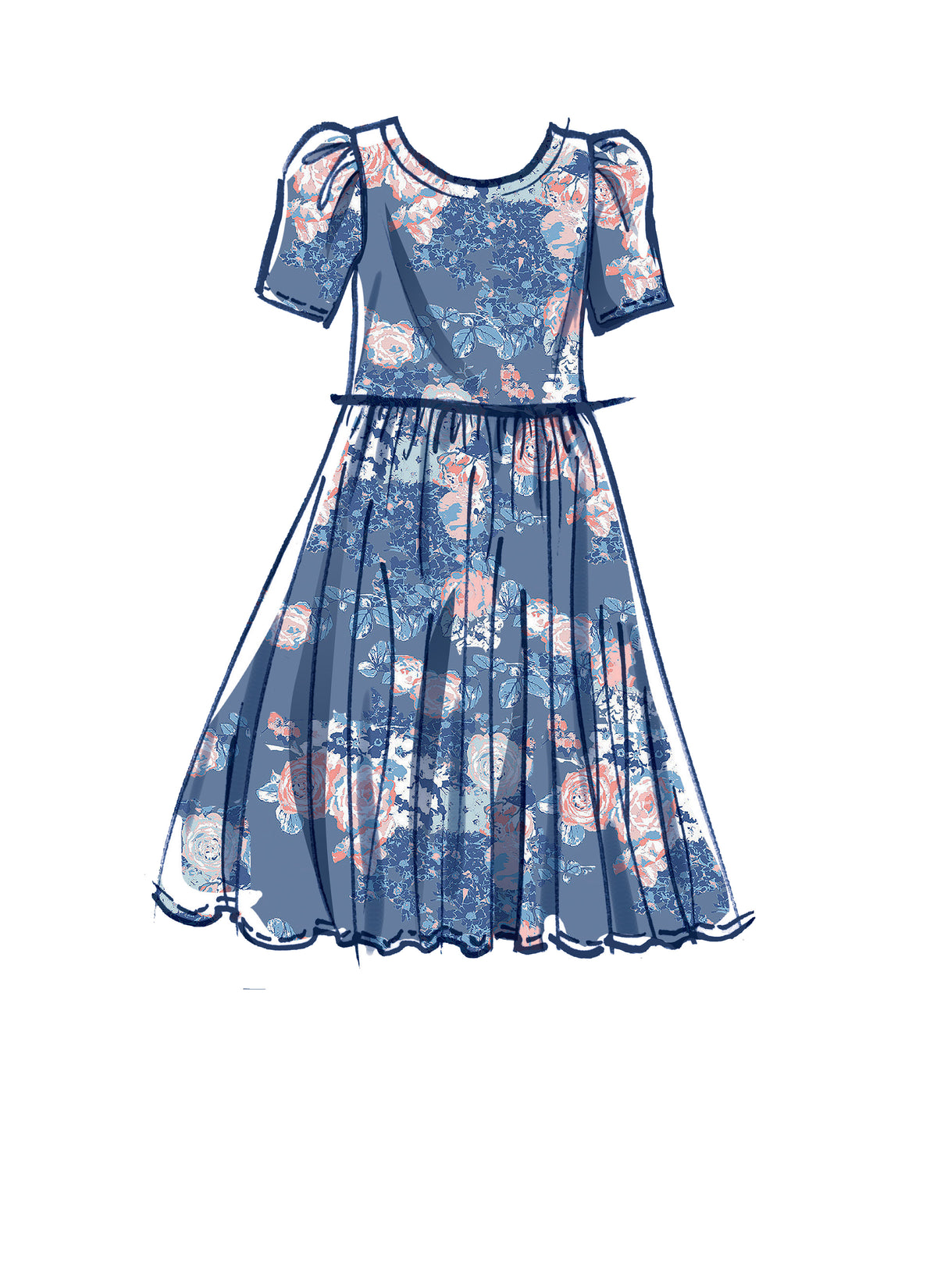 McCall's M8251 sewing pattern envelope showing girls' knit fit and flare dress designs