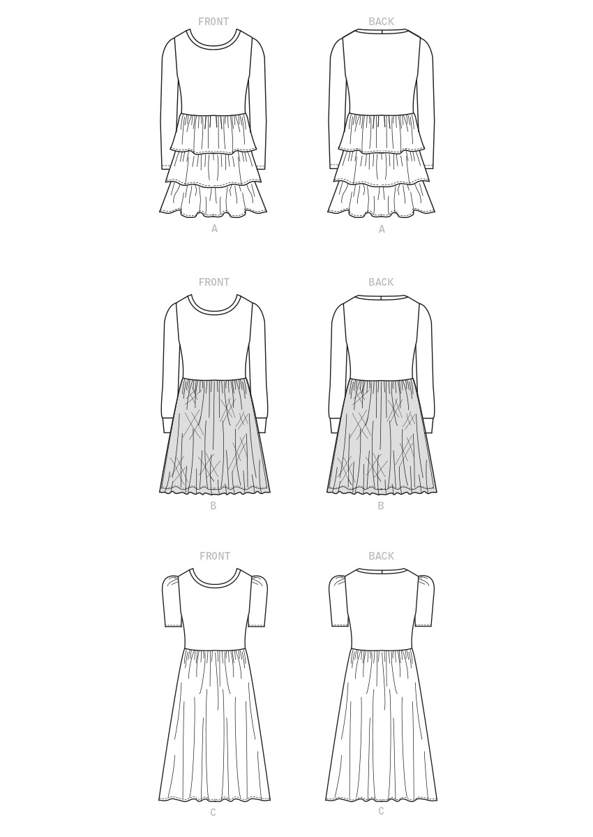McCall's M8251 sewing pattern envelope showing girls' knit fit and flare dress designs