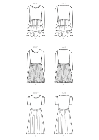 McCall's M8251 sewing pattern envelope showing girls' knit fit and flare dress designs