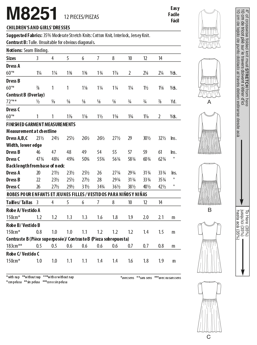 McCall's M8251 sewing pattern envelope showing girls' knit fit and flare dress designs