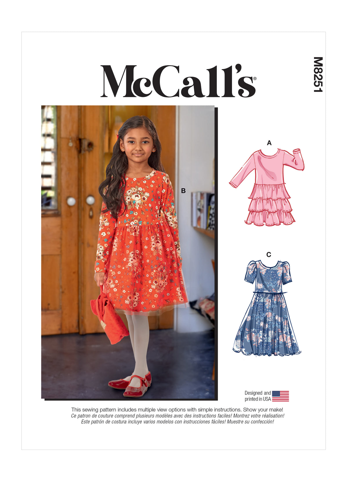 McCall's M8251 sewing pattern envelope showing girls' knit fit and flare dress designs