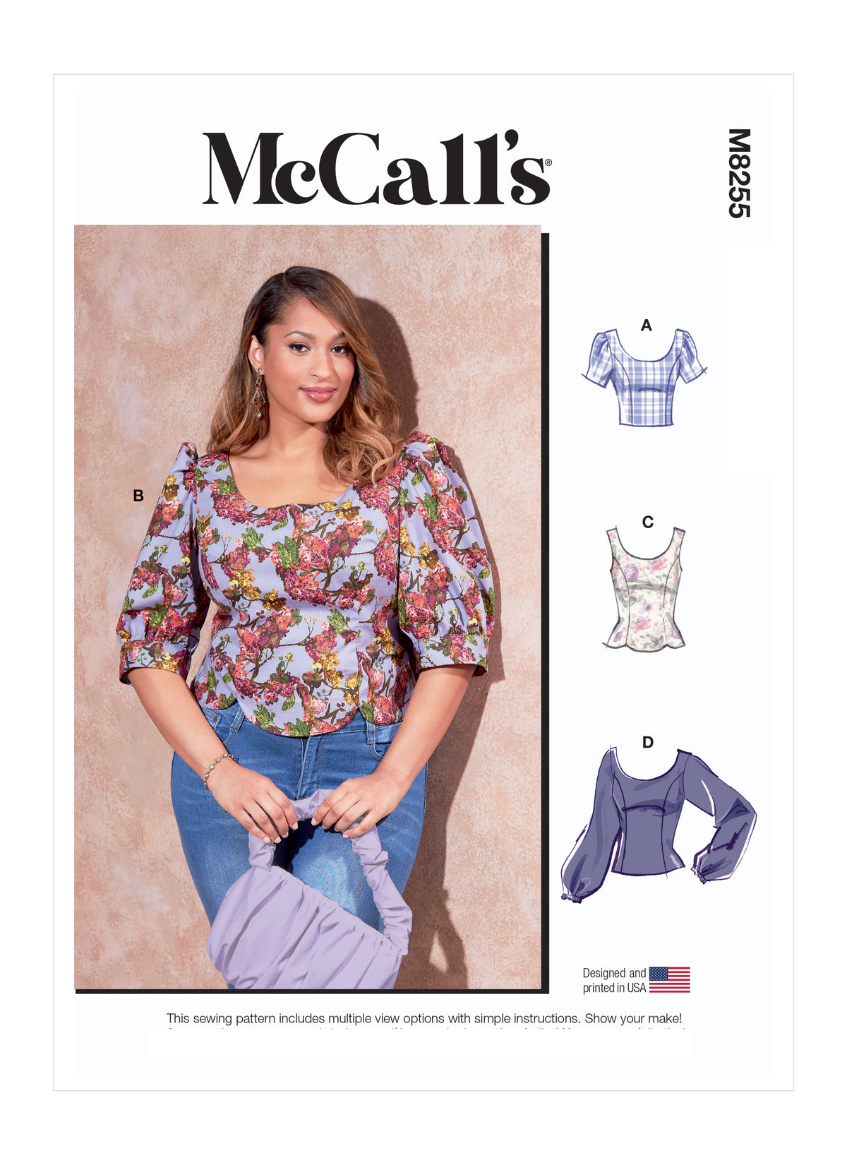 McCall's M8255 sewing pattern envelope showing lined princess seam top designs