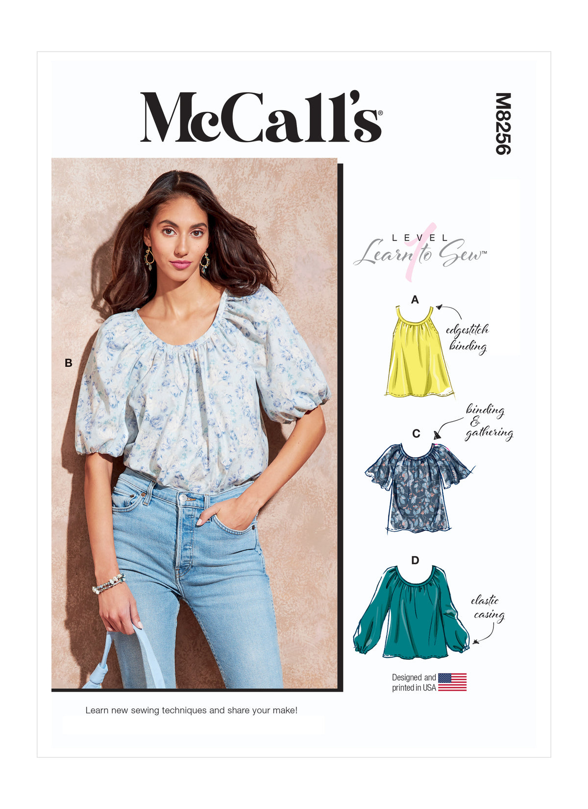 McCall's M8256 sewing pattern envelope showing raglan sleeve top designs