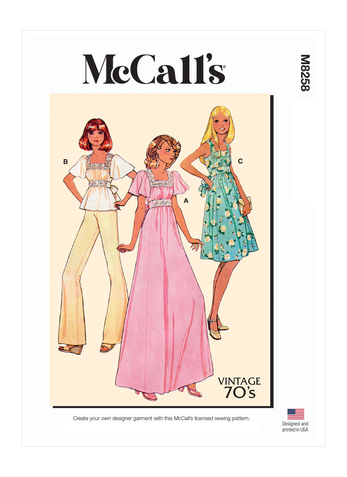 McCall's M8258 sewing pattern envelope showing vintage 1975 dress designs