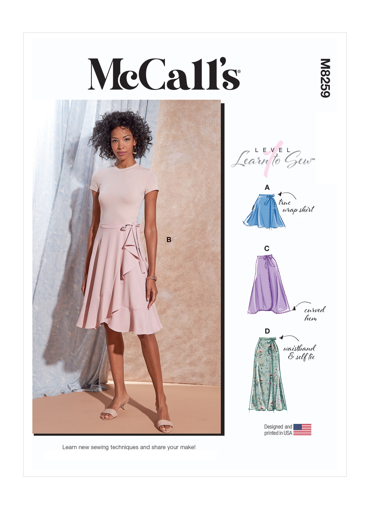 McCall's M8259 sewing pattern envelope showing wrap skirt designs