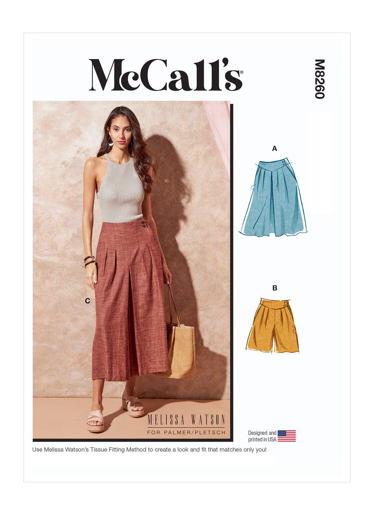 McCall's M8260 sewing pattern envelope showing Melissa Watson skirt, shorts and culottes designs