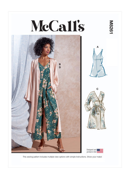 McCall's M8261 sewing pattern envelope showing romper and wide leg jumpsuit designs