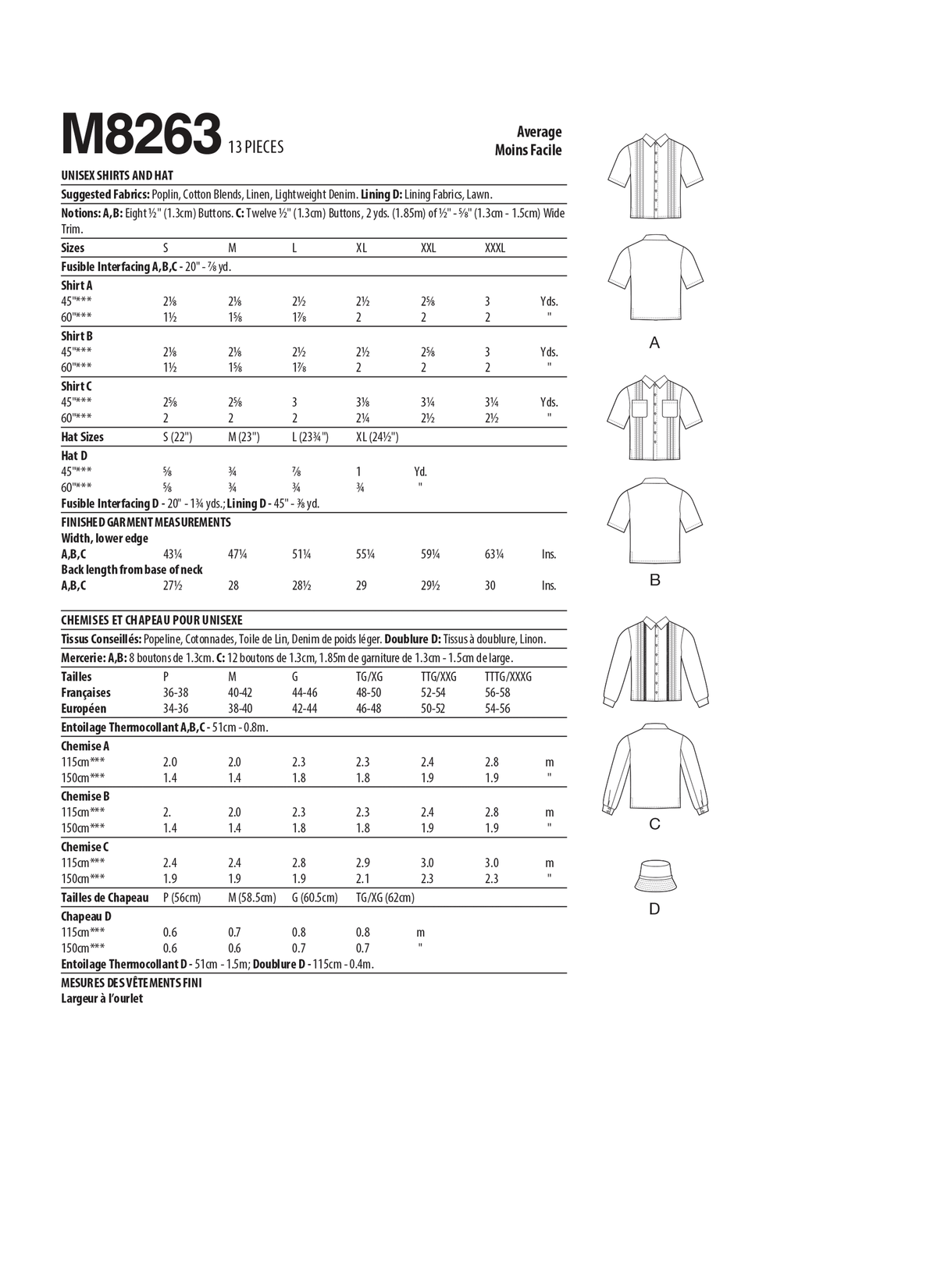 McCall's M8263 sewing pattern envelope showing a relaxed unisex camp shirt