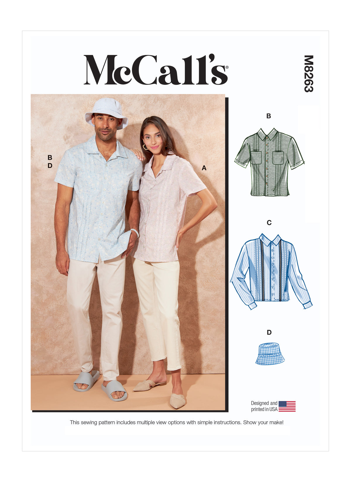 McCall's M8263 sewing pattern envelope showing a relaxed unisex camp shirt