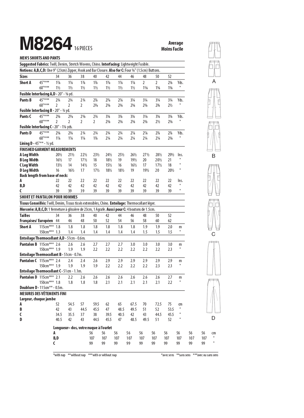 McCall's M8264 sewing pattern envelope showing men's shorts and trousers in four styles