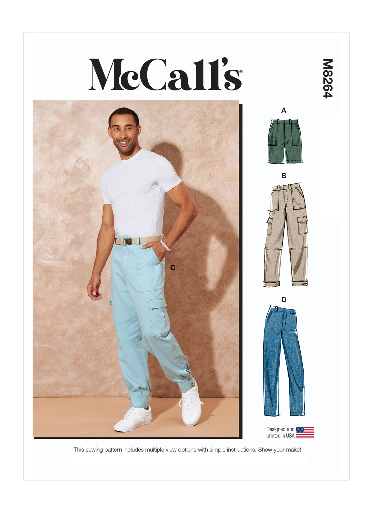 McCall's M8264 sewing pattern envelope showing men's shorts and trousers in four styles