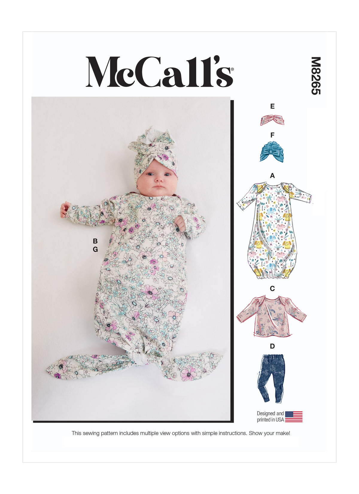 McCall's M8265 sewing pattern envelope showing baby gowns for a layette