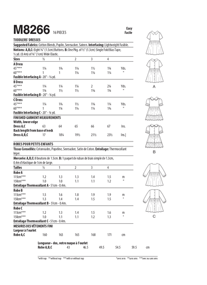 McCall's M8266 sewing pattern envelope showing fit-and-flare toddler dresses