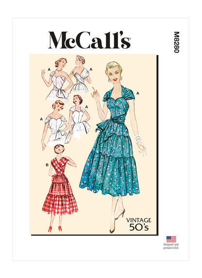 McCall's M8280 sewing pattern envelope showing a 1950s vintage reissue dress