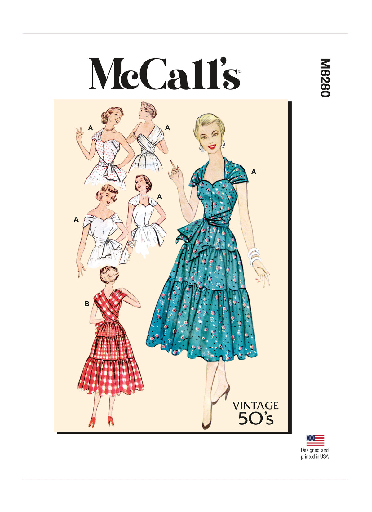 McCall's M8280 sewing pattern envelope showing a 1950s vintage reissue dress