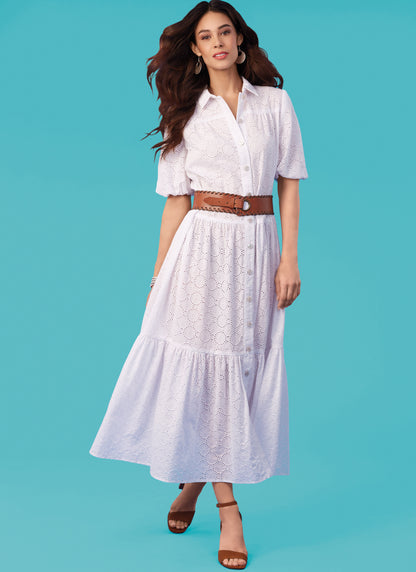 McCall's M8285 sewing pattern envelope showing tiered shirt dresses