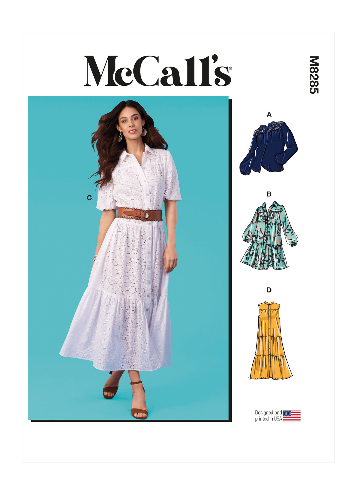 McCall's M8285 sewing pattern envelope showing tiered shirt dresses