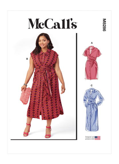 McCall's M8286 sewing pattern envelope showing tie-front shirt dresses
