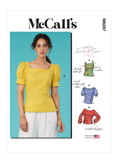 McCall's M8287 sewing pattern envelope showing beginner-friendly tops