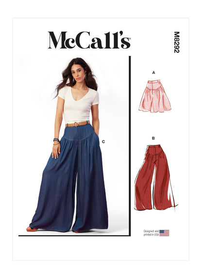 McCall's M8292 sewing pattern envelope showing high-waisted wide-leg trousers and shorts