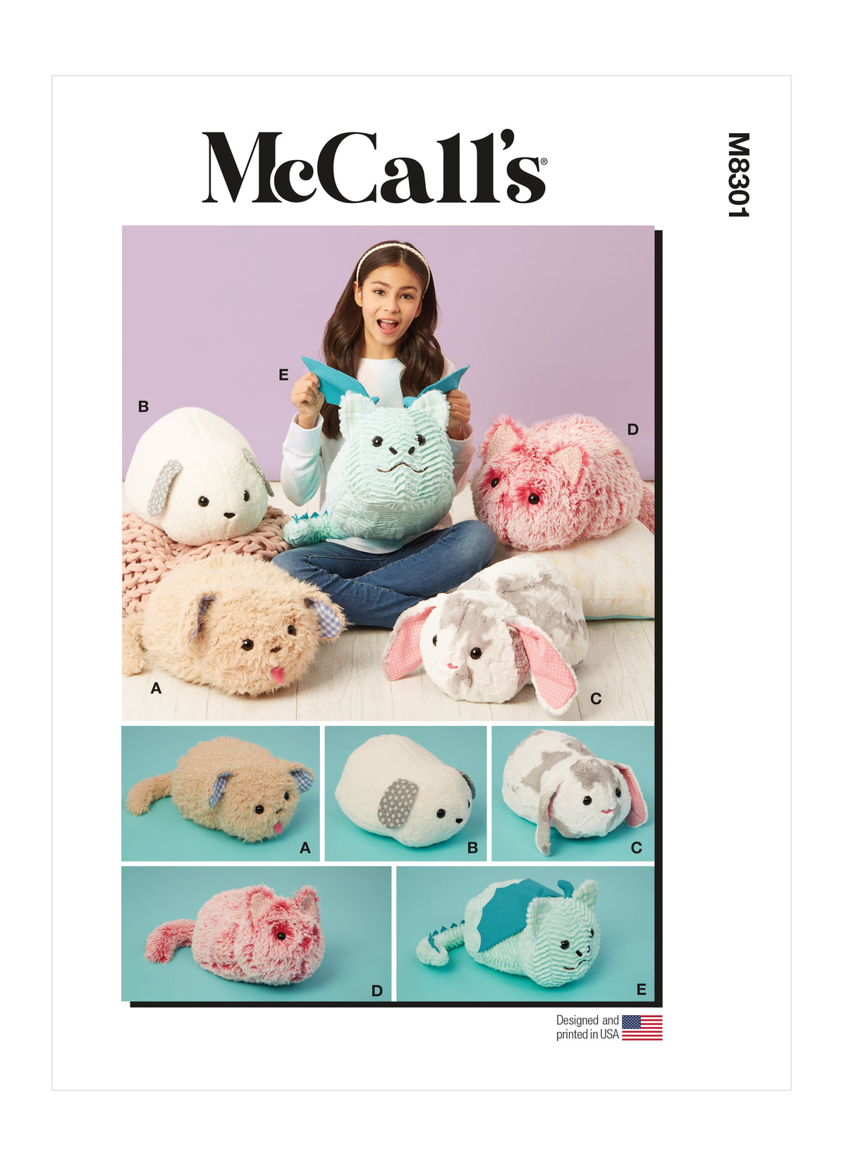 McCall's M8301 sewing pattern envelope showing huggable plush pets