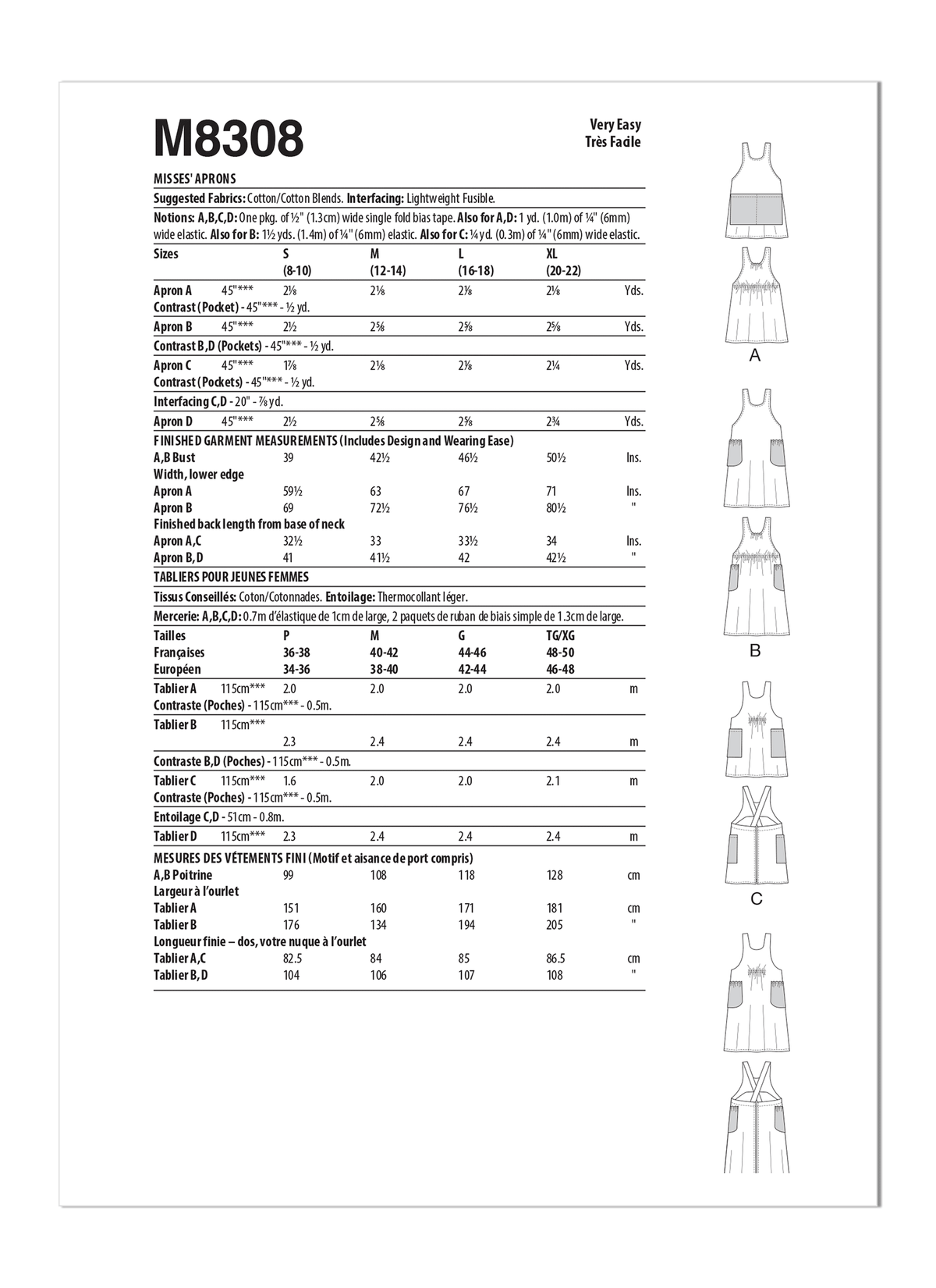 McCall's M8308 sewing pattern envelope showing aprons in two views