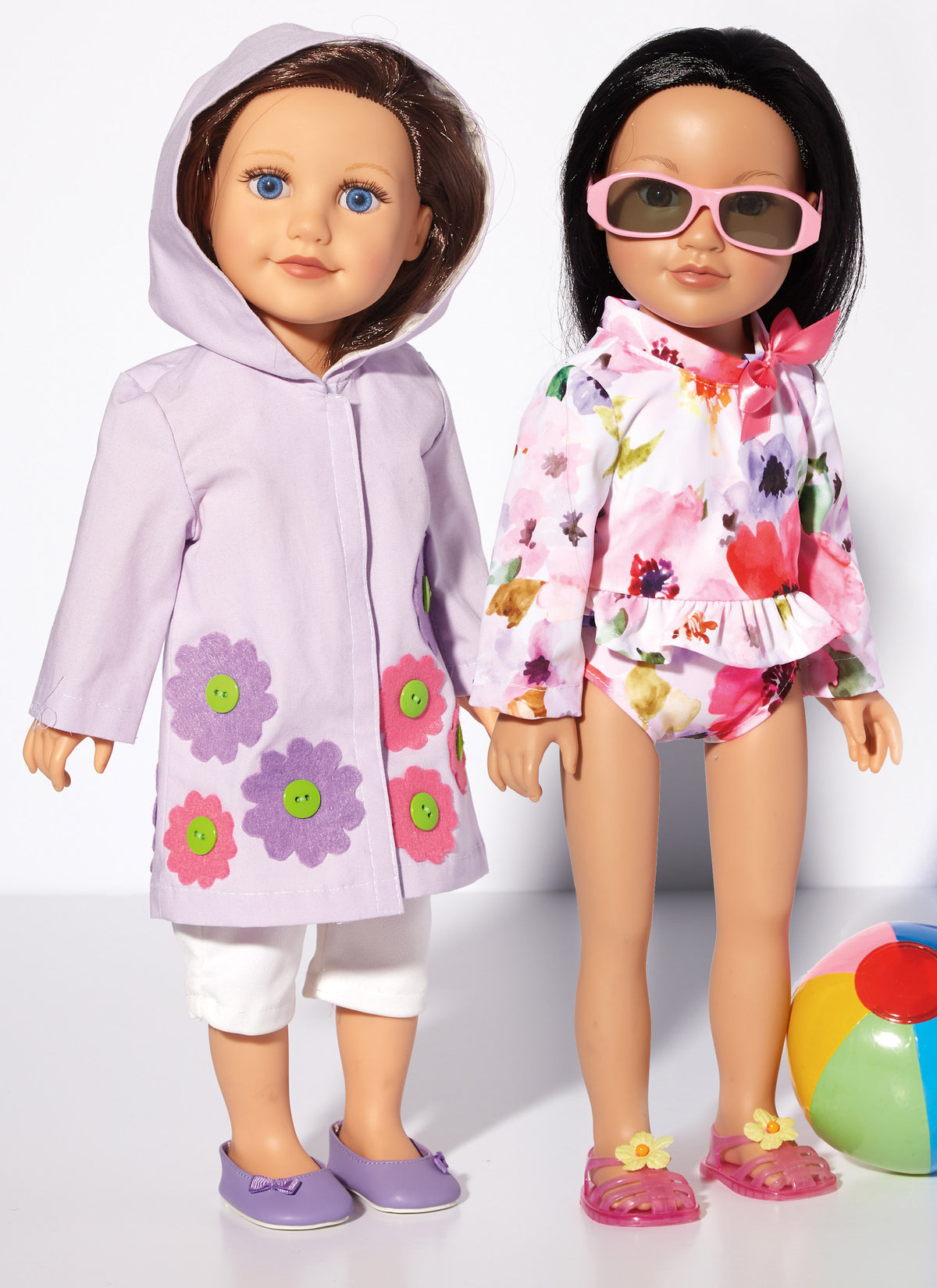 McCall's M8309 sewing pattern envelope showing spring and summer outfits for 18in dolls