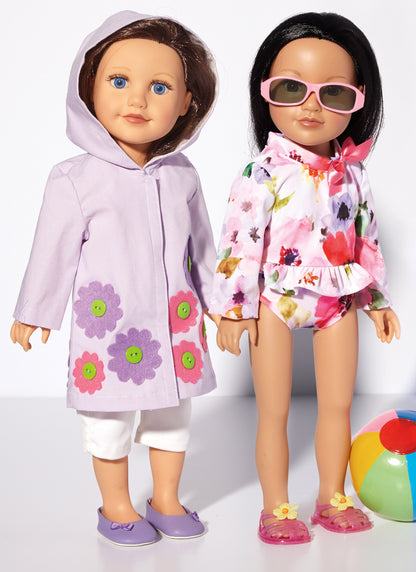 McCall's M8309 sewing pattern envelope showing spring and summer outfits for 18in dolls