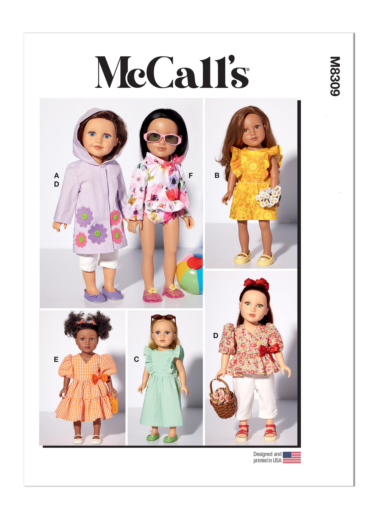 McCall's M8309 sewing pattern envelope showing spring and summer outfits for 18in dolls