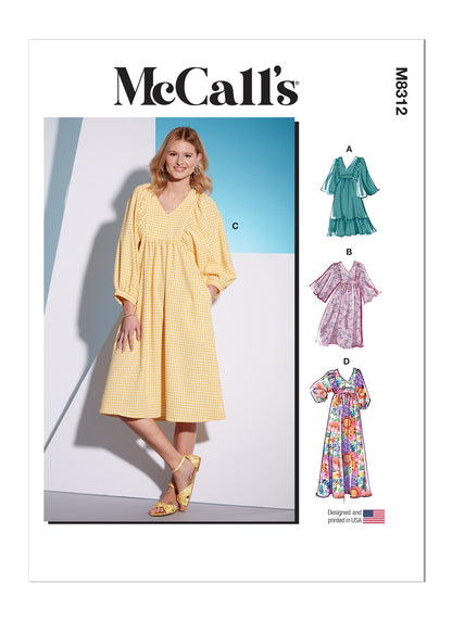 McCall's M8312 sewing pattern envelope showing a pullover V-neck dress