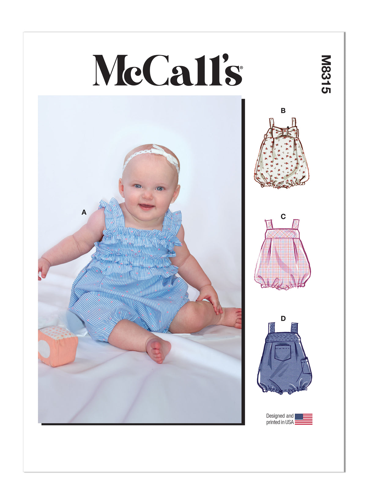 McCall's M8315 sewing pattern envelope showing baby rompers