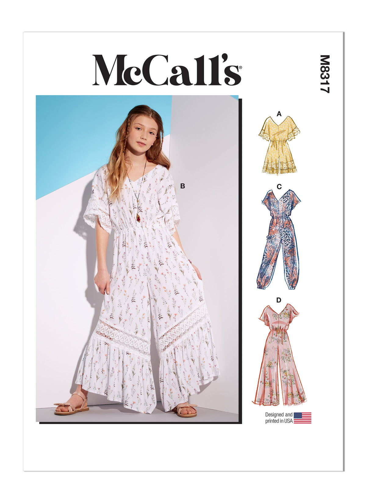 McCall's M8317 sewing pattern envelope showing pull-on rompers and jumpsuits for girls
