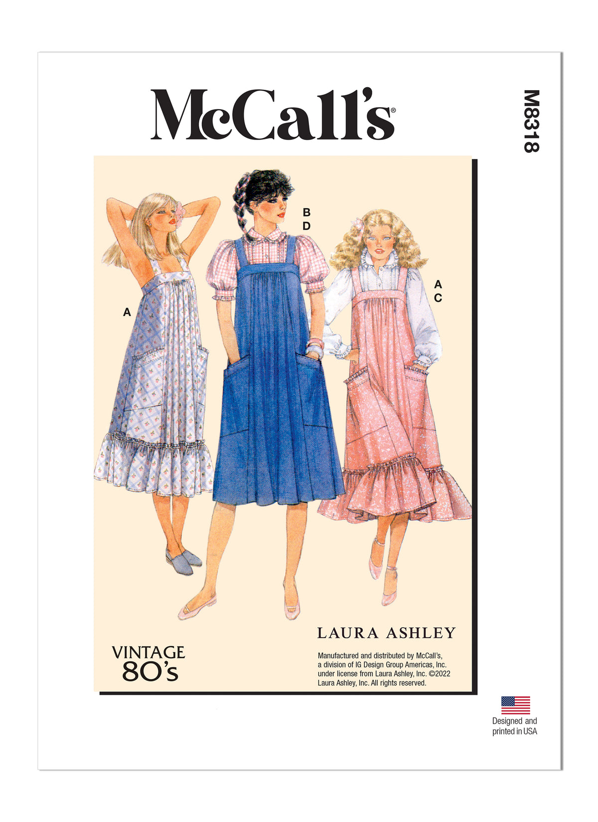 McCall's M8318 sewing pattern envelope showing a 1980s vintage reissue dress