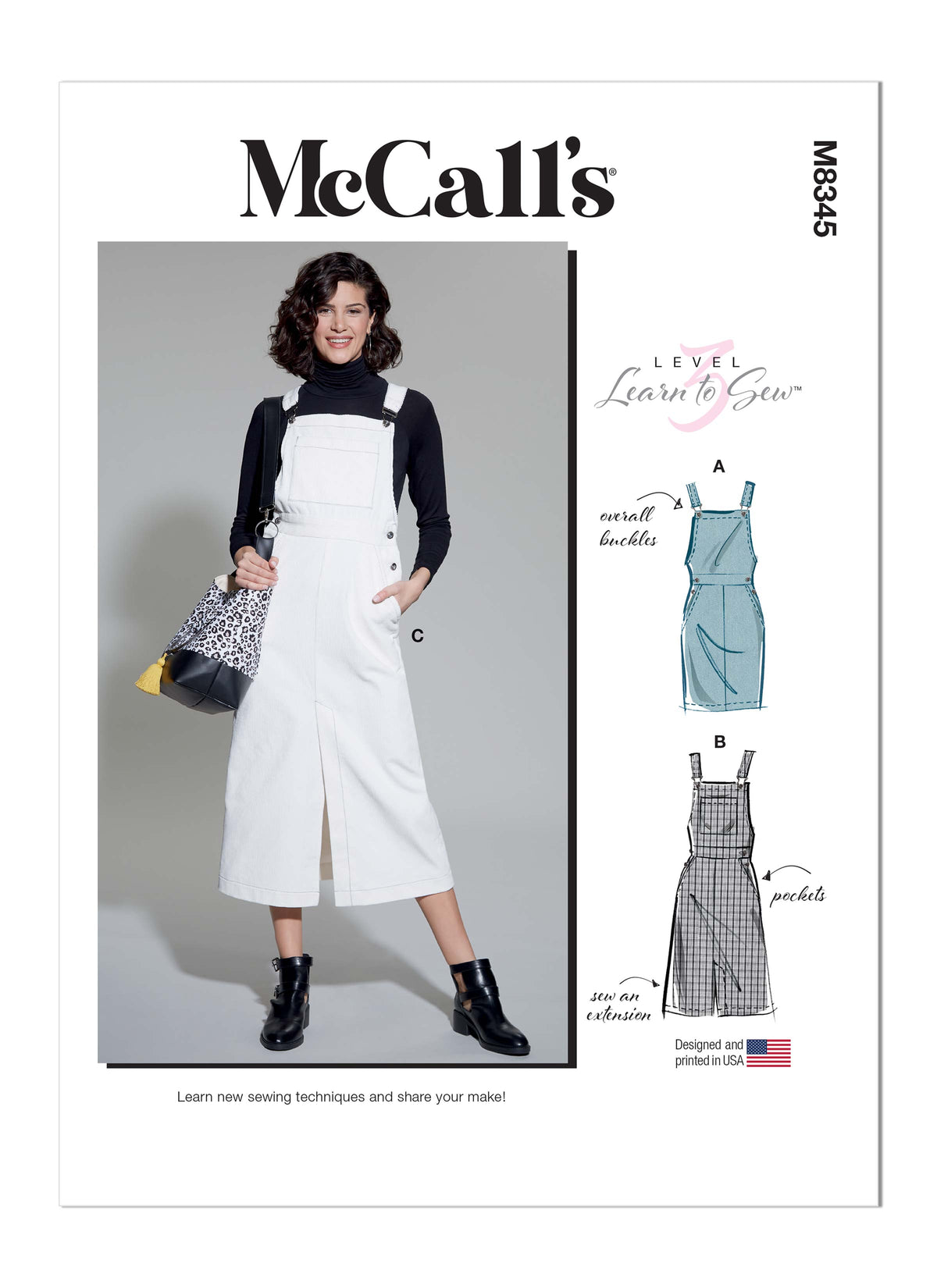 McCall's M8345 sewing pattern envelope showing dungarees