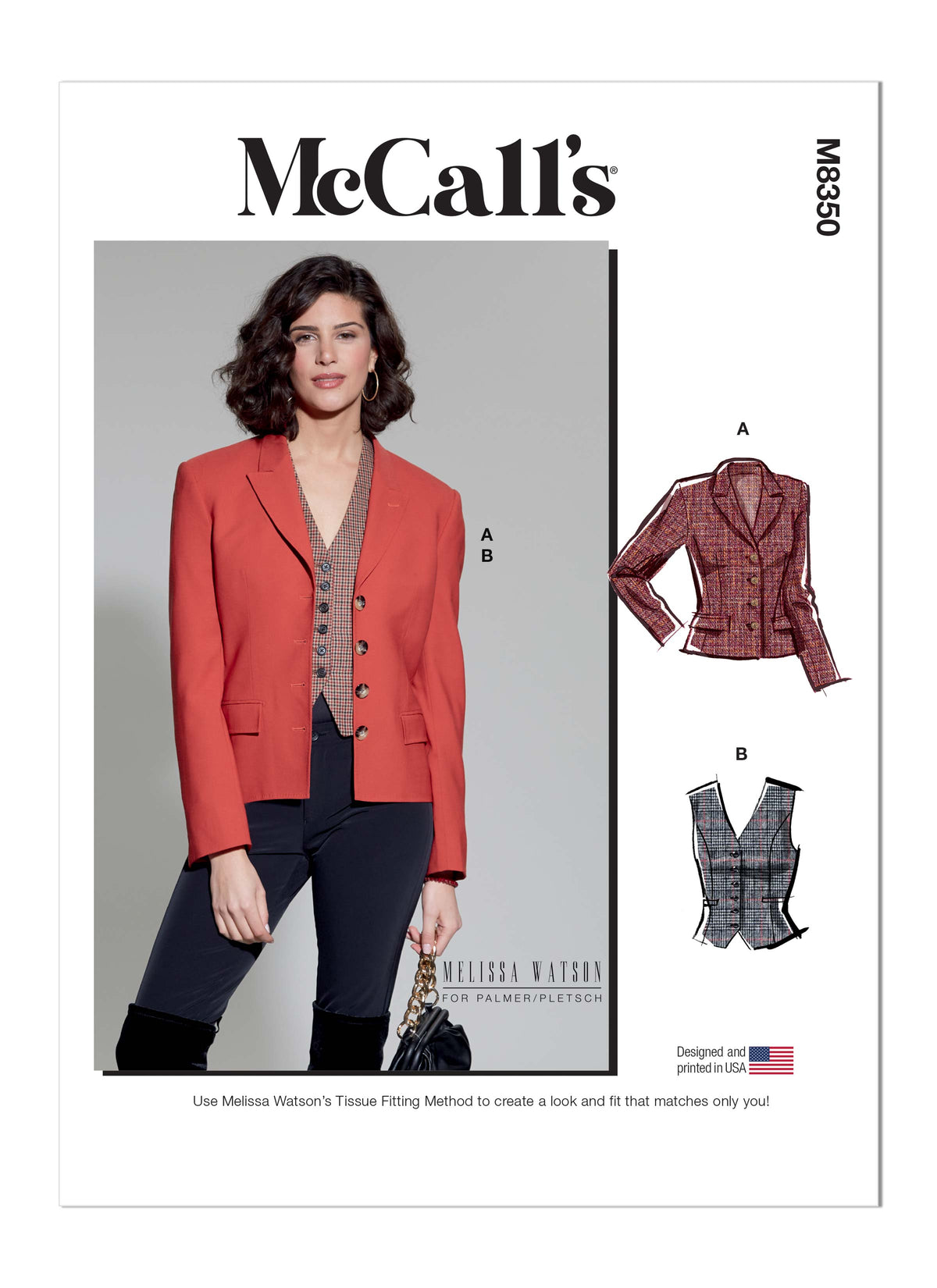 McCall's M8350 sewing pattern envelope showing blazer and waistcoat