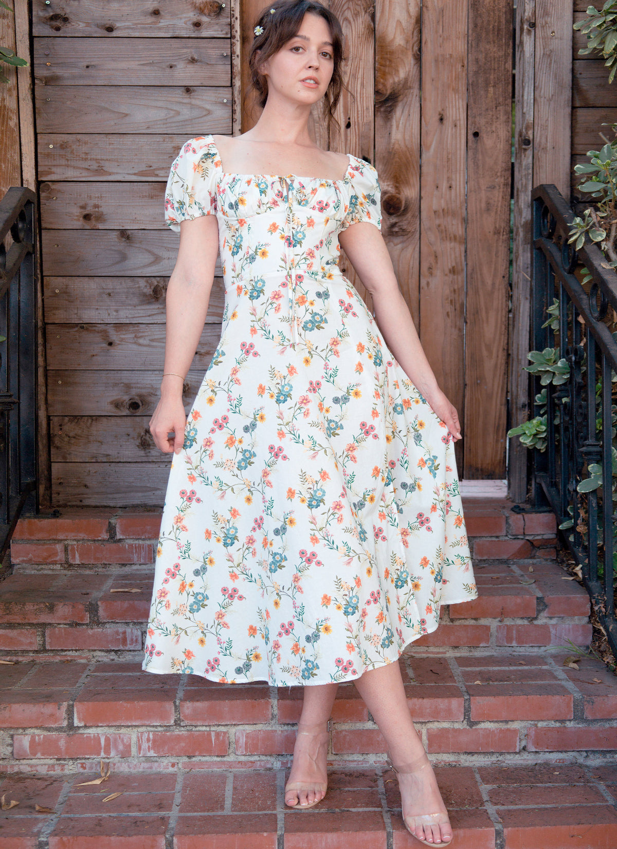McCall's M8359 sewing pattern envelope showing floral midi dress with puff sleeves