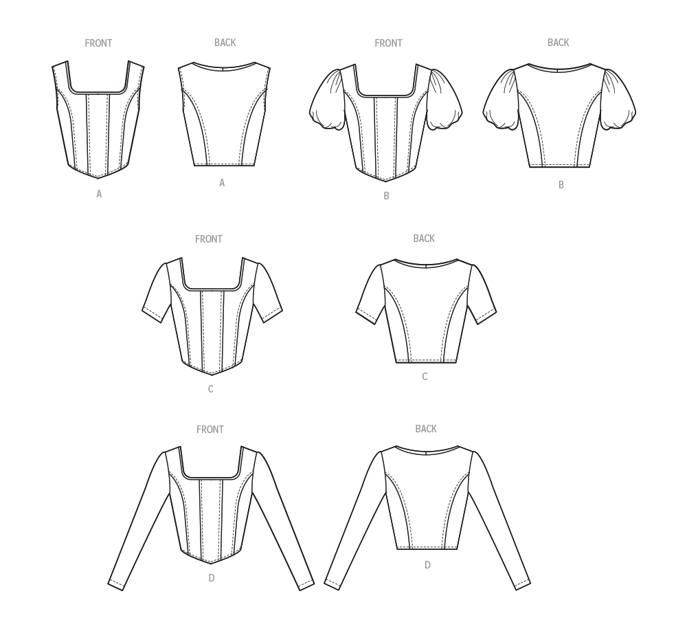 McCall's M8364 sewing pattern envelope showing corset-style knit tops