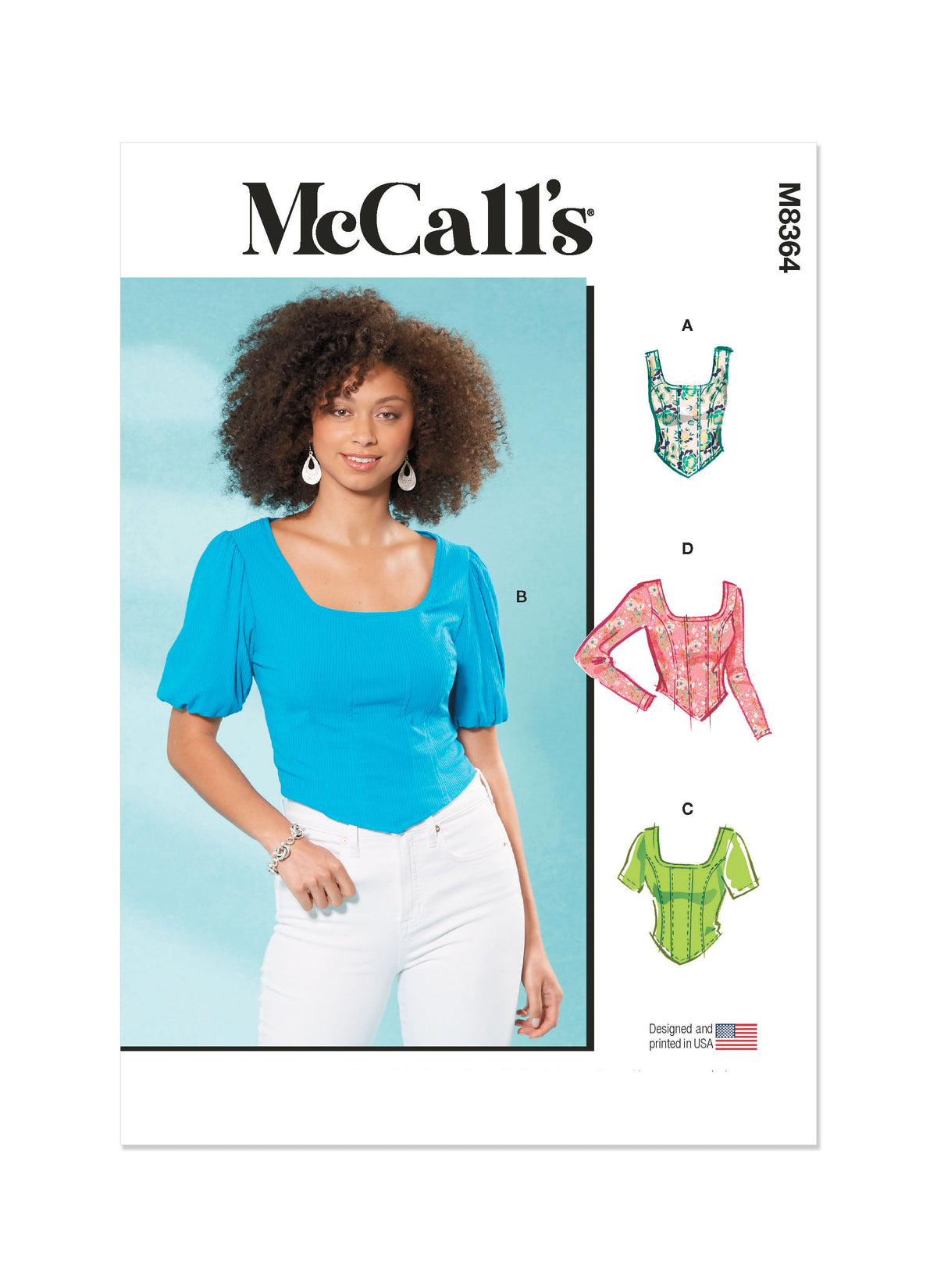 McCall's M8364 sewing pattern envelope showing corset-style knit tops